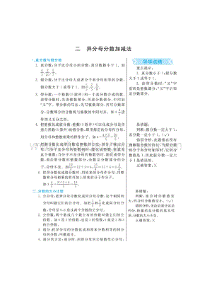 冀教版五年級下冊數學第2單元異分母分數加減法知識點