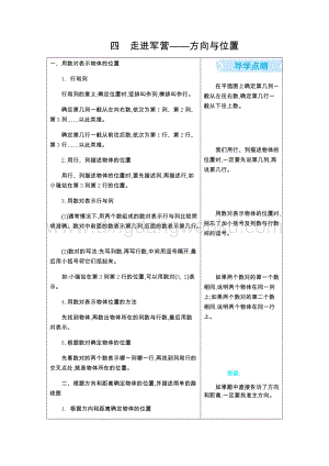 青島版（六年制）五年級下冊 四、走進軍營——方向與位置 單元復習（知識點）