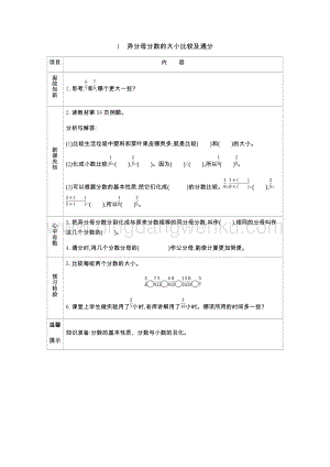 青島版（六年制）五年級下冊數學第五單元1.異分母分數的大小比較及通分 導學案