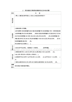 冀教版六年級下冊數學1.2用負數表示熟悉的事物和生活中的問題導學案