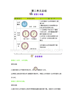冀教版一年級下冊數學第2單元認識鐘表知識點