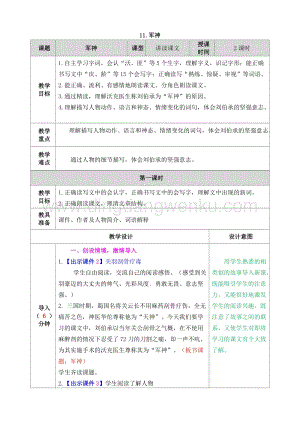 人教部編版五年級(jí)下冊(cè)語文 11.軍神 表格式教案.doc