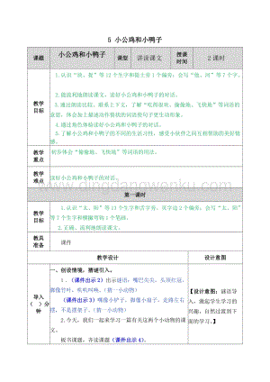 人教部編版（五四制）一年級(jí)下冊(cè)語(yǔ)文5小公雞和小鴨子教案.docx