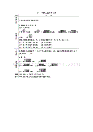 西師大版一年級(jí)下冊(cè)數(shù)學(xué)第五單元5.1小額人民幣的兌換導(dǎo)學(xué)案