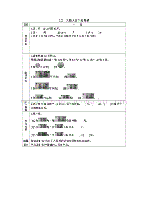 西師大版一年級(jí)下冊(cè)數(shù)學(xué)第五單元5.2大額人民幣的兌換導(dǎo)學(xué)案