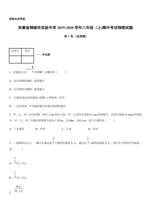 2019-2020年八年級（上)安徽省桐城市實驗中學期中考試物理試題.docx