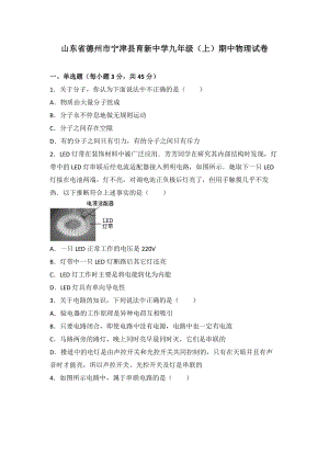 山東省德州市寧津縣育新中學(xué)九年級(jí)（上）期中物理試卷（word版含答案解析）.doc