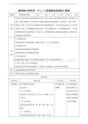 教科版一年級下冊科學(xué)1.1發(fā)現(xiàn)物體的特征（教案）.doc