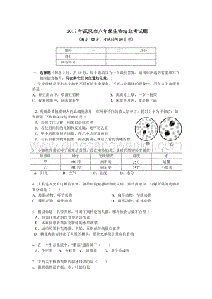 湖北武漢市八年級生物結業考試題.doc