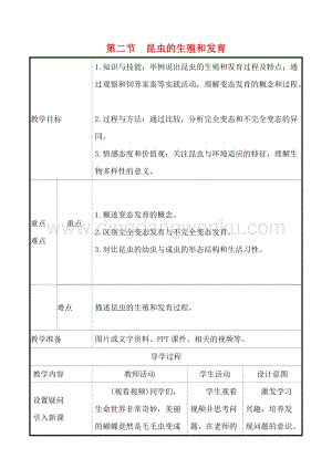 人教版八年級下冊生物7.1.2昆蟲的生殖和發育教案教案.doc