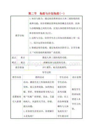 人教版八年級下冊生物8.1.2(一)免疫與計劃免疫(一)教案.doc