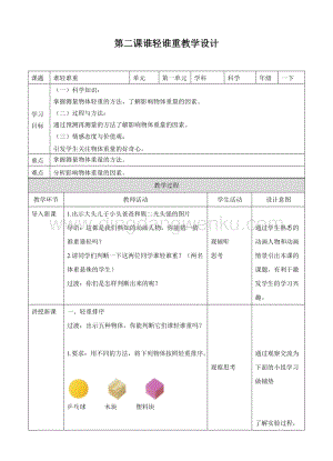 教科版一年級(jí)下冊(cè)科學(xué)教學(xué)設(shè)計(jì)1.2《誰輕誰重》（教案）.doc