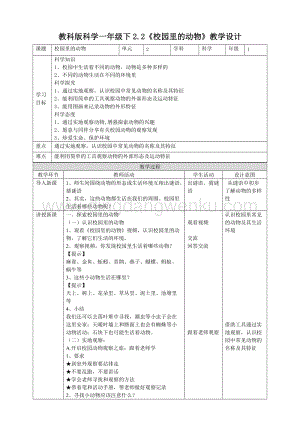 教科版一年級下冊科學教學設計2.2《校園里的動物》教案.doc