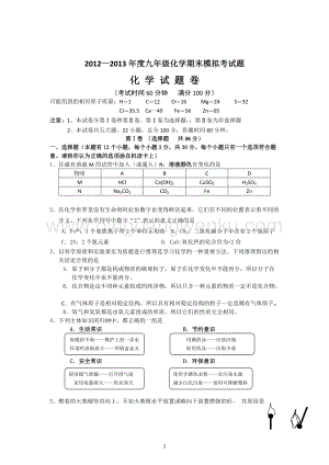人教版九年級上冊化學四川省望子成龍學校期末模擬試題.doc