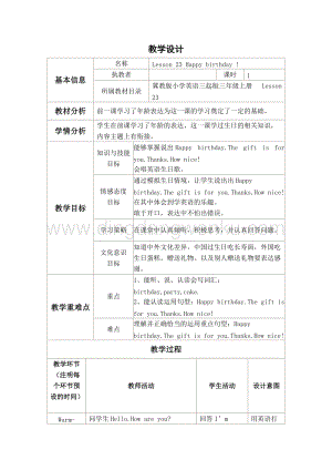 冀教版三年級上冊英語教案-Lesson23Happybirthday! 教學設計.doc