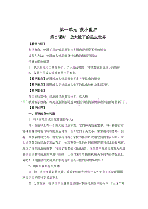 教科版六年級下冊科學第2課時放大鏡下的昆蟲世界 教案.doc