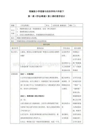 部編版六年級下冊道德與法治第一課學會尊重第2課時教學設計.doc