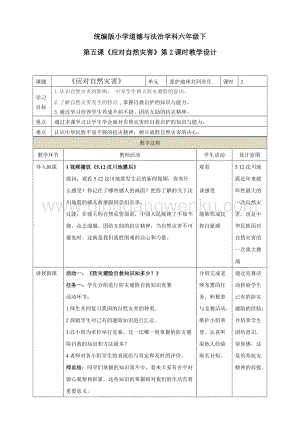 部編版六年級下冊道德與法治第五課應對自然災害第2課時教學設計.doc