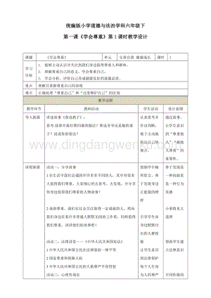 部編版六年級下冊道德與法治第一課學會尊重第一課時教學設計.doc
