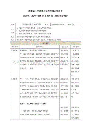 部編版六年級下冊道德與法治第四課《地球——我們的家園》第1課時教學設計.doc