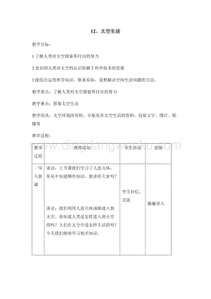 首師大版六年級下冊科學教案-12太空生活.docx