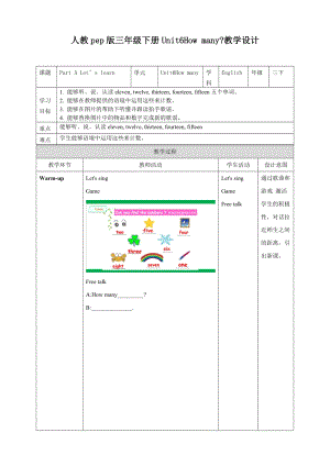 人教版PEP三年級下冊英語Unit 6How many Part A Let’s learn 教案.doc