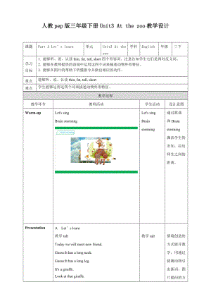 人教版PEP三年級下冊英語Unit 3At the zoo Part A Let’s learn(教案）.doc