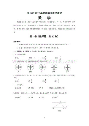 2019四川省樂山市初中學(xué)業(yè)水平考試數(shù)學(xué)試題(含答案）.doc