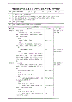 2020新粵教版六年級上冊科學1.1《為什么能看到物體》教案.doc