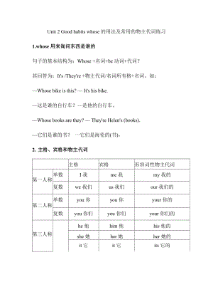 譯林版六年級下冊英語Unit2Goodhabitswhose的用法及常用的物主代詞練習(xí).docx