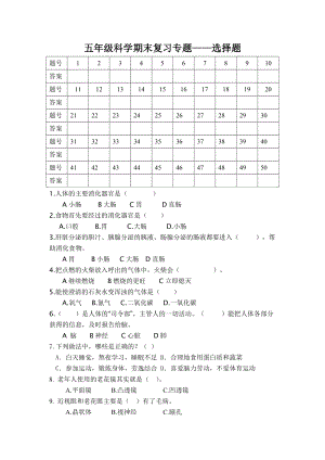 青島版五年級下冊科學期末復習專題——選擇題（無答案）.doc