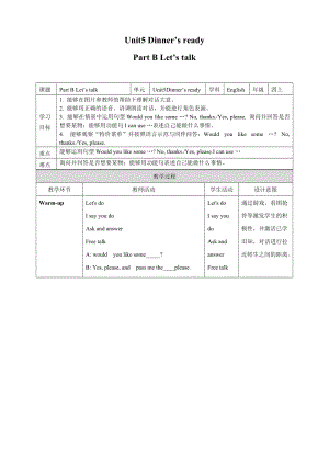人教PEP版4上：Unit5DinnersreadyBLetstalk教案.doc