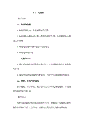 教科版九年級上冊物理3.1 電現象 教案.docx