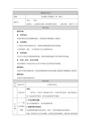 人教鄂教版五年級上冊科學3.9顯微鏡下的細胞第01課時教案.doc
