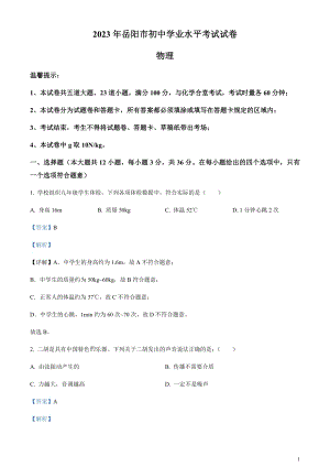 2023年湖南省岳陽市中考物理真題（剖析版）.docx