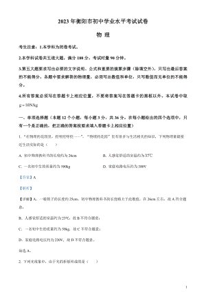 2023年湖南省衡陽市中考物理試題（剖析版）.docx