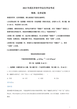 2023年湖北省武漢市中考物理試題（剖析版）.docx