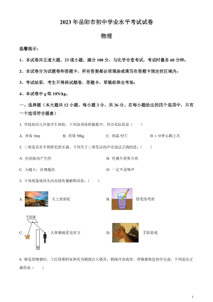 2023年湖南省岳陽市中考物理真題（原卷版）.docx