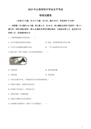 2023年云南省中考物理試題（原卷版）.docx