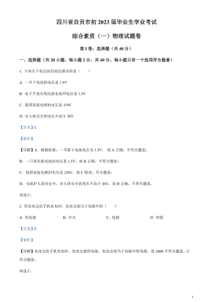2023年四川省自貢市中考物理試題（剖析版）.docx