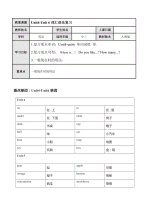 人教PEP版三年級英語下冊unit4-unit6詞匯語法復習.doc