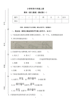 大象版六年級(jí)上冊(cè)科學(xué)期末測(cè)試卷（一）（含答案）.docx