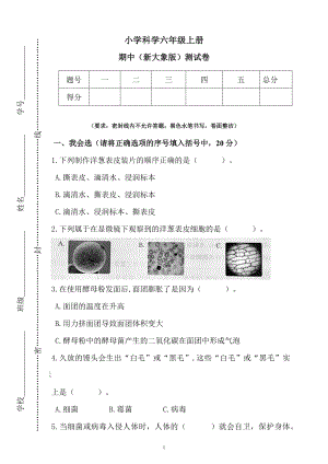 大象版六年級(jí)上冊(cè)科學(xué)期中測(cè)試卷（含答案）.docx