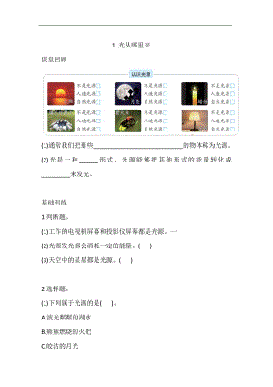 大象版五年級下冊科學(xué)1.1 光從哪里來練習(xí)（含答案）.doc