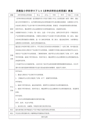 蘇教版六年級下冊科學3.9多種多樣的自然資源教學設計.doc