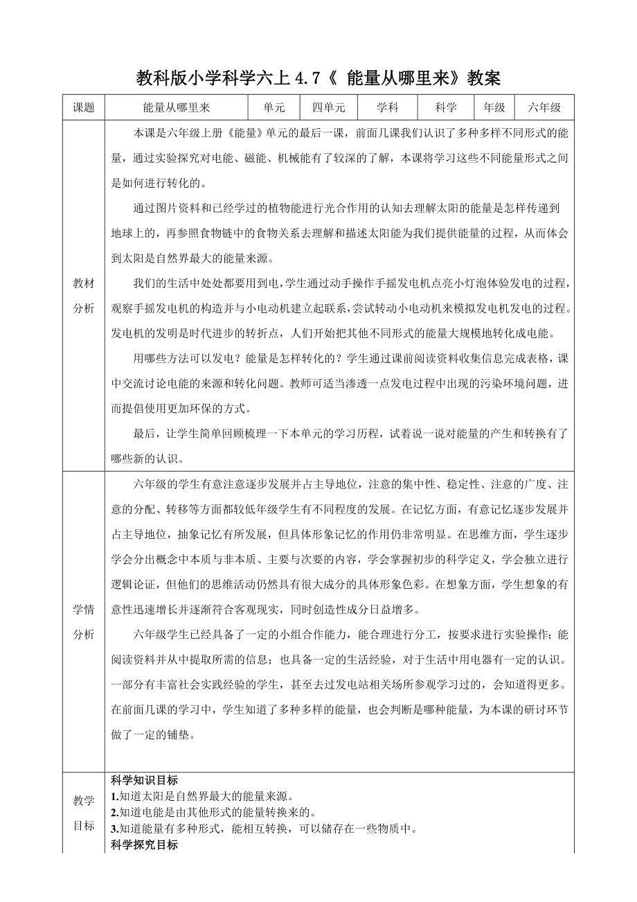 教科版六上科學4.7能量從哪里來課件+教學設計（含素材）.rar