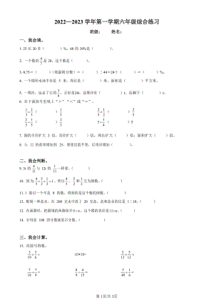 2022-2023學年廣東省廣州市番禺區廣東第二師范學院番禺附屬小學人教版六年級上冊期末綜合練習數學試卷（含答案）.docx