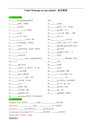 24新譯林版七年級(jí)上英語Unit3 Welcome to our school！知識(shí)清單（默寫版）.docx