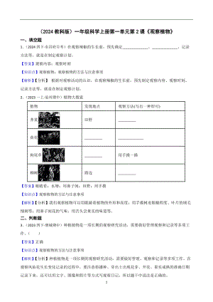 （2024教科版）一年級(jí)科學(xué)上冊(cè)第一單元第2課《觀察植物》課時(shí)練習(xí)題(教師版).docx