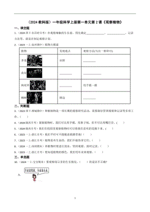 2024教科版）一年級科學上冊第一單元第2課觀察植物課時練習題(學生版).docx